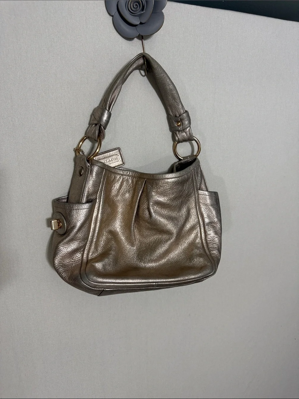 Coach Metallic Bronze Leather Shoulder Bag with Gold Hardware